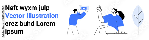 Two teammates brainstorm, one holding a digital display while another points and sits thoughtfully. Ideal for teamwork, brainstorming, creativity, digital solution, education, innovation, simple