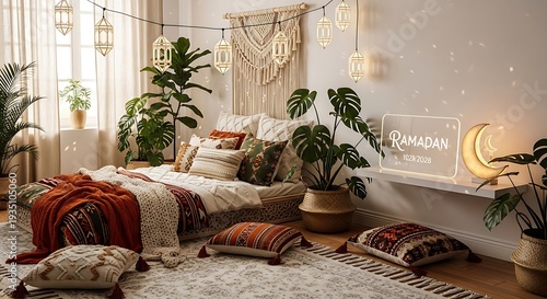 Cozy bohemian bedroom setting decorated for the holy month of Ramadan featuring lush greenery and warm ambient lighting elements for a peaceful observance