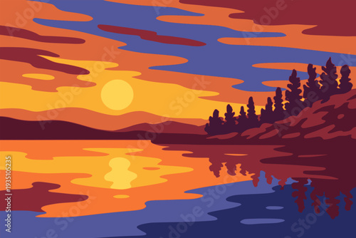 autumn season sunset time on a lake landscape nature view background flat color vector illustration template design