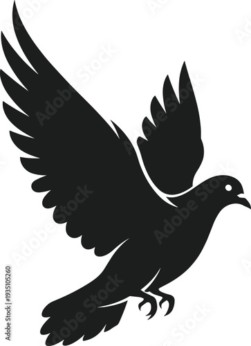 Black silhouette of a dove bird in flight with wings spread wide vector