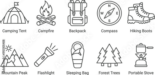 Set of black and white line icons for camping and outdoor activities including tent and campfire