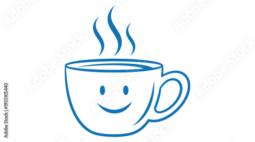 A cheerful blue steaming coffee mug with a smiley face on a white background