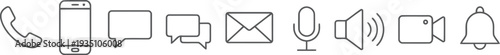 A collection of minimalist communication icons including a phone, message, email, and bell.