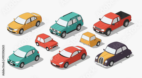 Isometric vehicles collection various car types sedan suv pickup truck