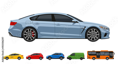 Modern car and various vehicles isolated on white background illustration