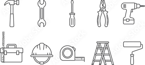A set of ten linear icons representing various construction and repair tools on a white background.