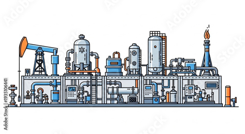 Oil refinery and pumpjack industrial complex illustration.