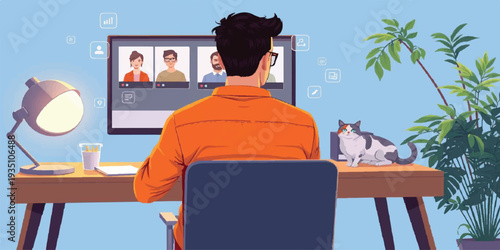 Remote Work Concept: Man in Video Conference with Colleagues at Home Office Desk with Pet Cat and Plant Illustration