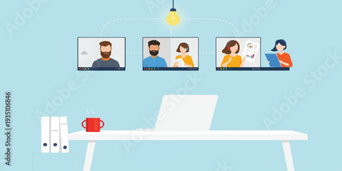 ​Remote Work Video Call Illustration with Diverse Team Meeting on Laptop Screen in Flat Style Workspace Background