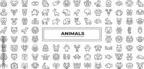 Animals Outline Icon Collection Vector Set with Wildlife, Farm, Sea Creatures, Birds and Insects Minimal Line Art Illustrations