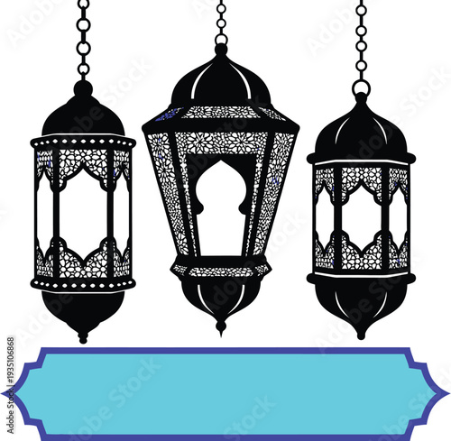 Three hanging traditional black silhouette lanterns with detailed geometric patterns feature a blank blue banner below.