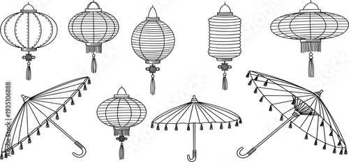 Asian Lantern and Traditional Umbrella Line Art Set with Decorative Chinese Hanging Lamps and Parasols for Festival, Wedding and Cultural Design