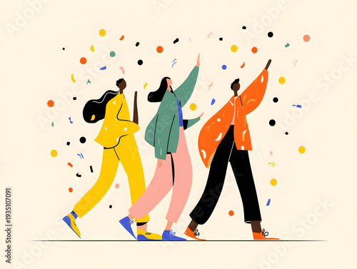 Vector flat illustration of a dancing people, free bight figure on the beige background