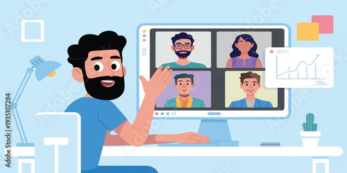 Remote Work Concept: Professional Man Hosting a Virtual Team Meeting via Video Call with Diverse Colleagues and Data Charts
