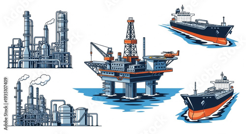 Oil industry offshore drilling rig and refinery complex with tankers.