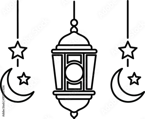 Hanging Ramadan lantern flanked by decorative crescent moon and star symbols suspended by thin vertical lines on a white background.