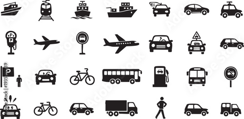Black and white collection of transportation vehicles signs symbols
