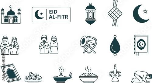 Eid al-Fitr icon set displays various religious symbols, cultural food items, and traditional architecture elements for celebration.