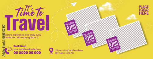 Modern Travel Agency Horizontal Banner Template for Summer Holiday Vacation Promo, Tourism Website Header, Social Media Cover, Travel Booking Adventure Discount Advertising Design