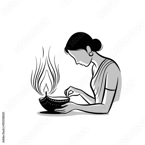 Silhouette Illustration of a Woman Holding a Traditional Oil Lamp