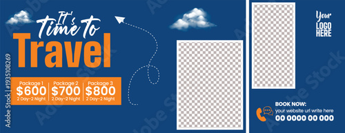 Modern Travel Discount Promo Banner Template for Summer Beach Holiday Vacation, Tourism Website Header, Social Media Cover, Trip Booking Adventure Marketing Design