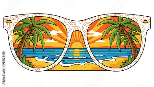 Sunglasses Reflecting Tropical Beach Sunset Vacation Scene