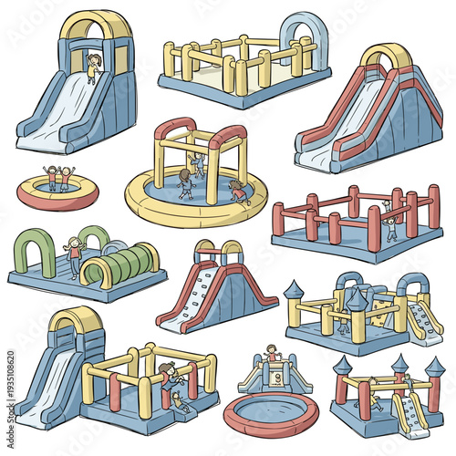 Sheet of Various Small Inflatable Playground and Slide Icons