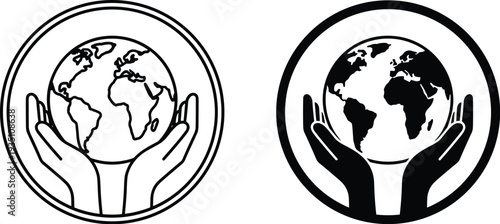 Silhouette icons of hands holding globe, symbolizing global care, unity, sustainability, environment, and humanitarian support.