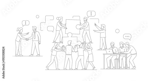 Diverse group of business people cooperatively stacking puzzle pieces to form a human pyramid while others engage in handshakes and laptop work symbolizing teamwork.