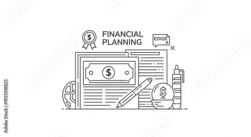 Financial planning documents featuring a dollar bill, a medal, a pen, and a credit card sit beside paperwork representing monetary strategy and wealth management.