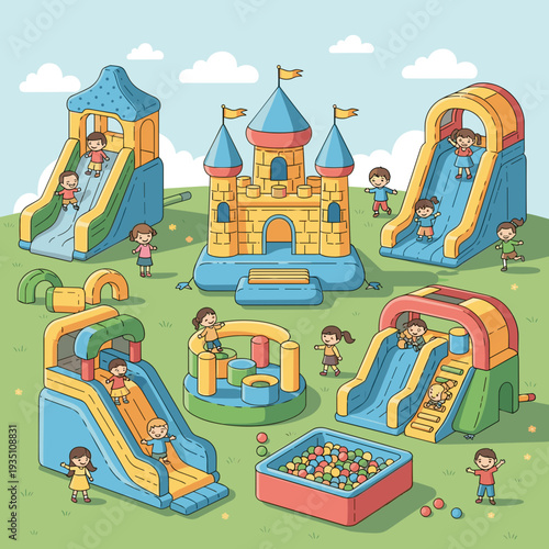 Playful Illustration of Children Enjoying a Large Outdoor Inflatable Park