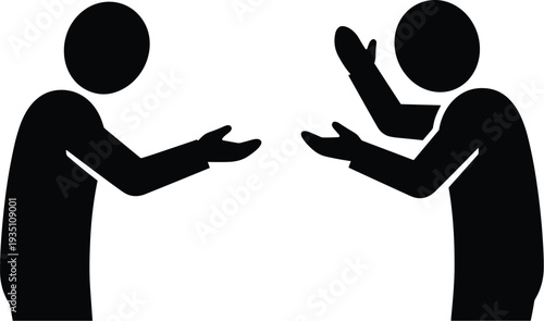 Silhouette illustration of two people facing each other, gesturing expressively, symbolizing dialogue, debate, disagreement, communication, and interpersonal interaction.