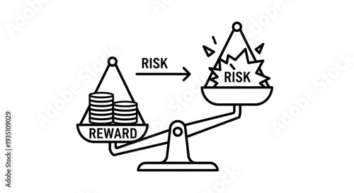 Balance scale visually compares the weight of potential reward against the disproportionate severity of risk in a financial or investment decision concept.