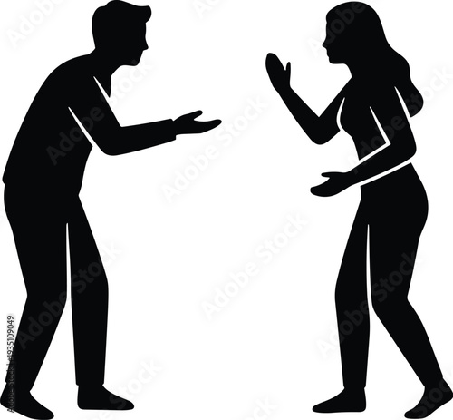 Silhouette illustration of two people facing each other, gesturing intensely, symbolizing communication, conflict, emotional exchange, and interpersonal dialogue.