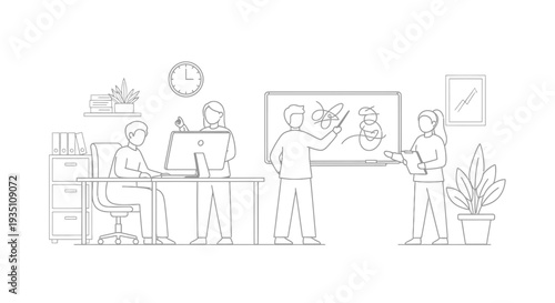 Team of diverse coworkers collaborates in a modern office environment while presenting ideas on a whiteboard during a creative planning session.