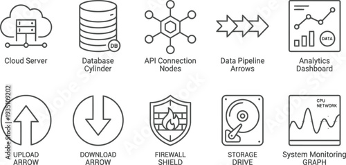Collection of technology and data infrastructure line icons for cloud server, database, and monitoring.