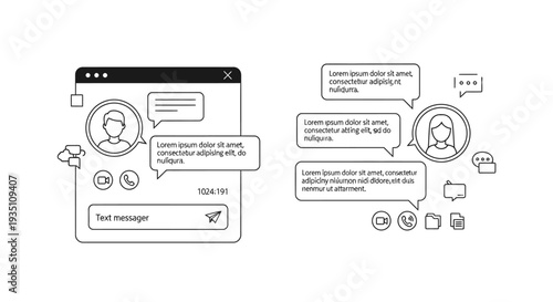 Outline icons display a digital messaging application interface alongside separate floating speech bubbles representing online communication and conversation threads.