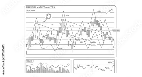 Financial market analysis trading interface displays complex candlestick charts, volume indicators, and MACD readings within a futuristic dashboard design.