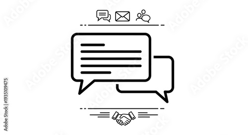 Two overlapping chat bubbles represent dialogue and conversation above a small icon depicting a handshake signifying agreement or deal closure.