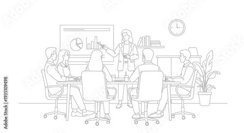 Businesswoman leads a diverse team meeting around a conference table while pointing to charts displayed on a large screen in a contemporary office setting.