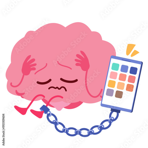 Cartoon illustration of a brain mascot tied with chains to a smartphone symbolizing digital addiction and technology dependency