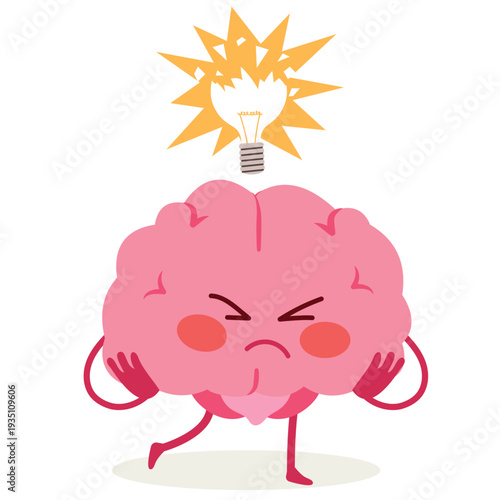 Cartoon illustration of a sad brain mascot character with a broken lightbulb concept for creativity block, innovation failure and loss of ideas for business