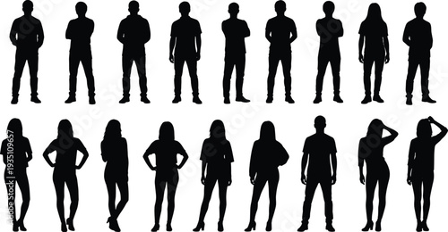 Silhouettes of diverse male and female figures, standing poses, fashion design, posture illustration artwork - flavector