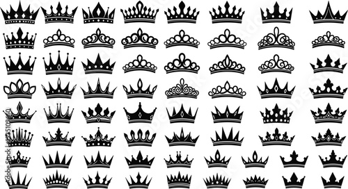 Royal crown silhouettes collection, king queen crown icon set, luxury heraldic monarchy symbols isolated, black royal crowns vector illustration