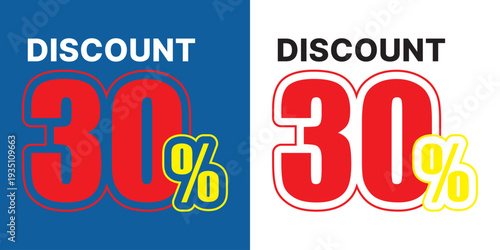 Red 30 percent discount sign with white text on blue and white backgrounds sale thirty percent