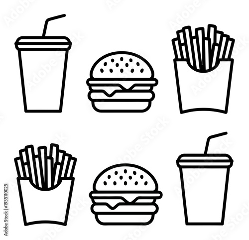 Fast Food Icons Set Simple Line Art Vector Illustration