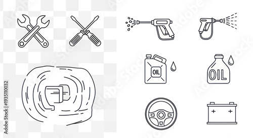 Car Repair and Maintenance Icons Set: Wrench, Screwdriver, Oil, Steering Wheel, Battery