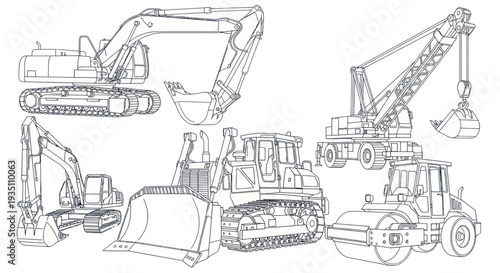 Construction Equipment Line Art Collection: Excavator, Bulldozer, Crane, Roller