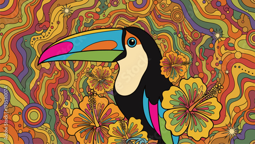 Psychedelic Toucan Tropical Hibiscus Flower Pattern Background Design