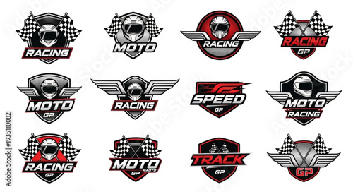 Collection of Motorcycle Racing Logos and Emblems with Checkered Flags.